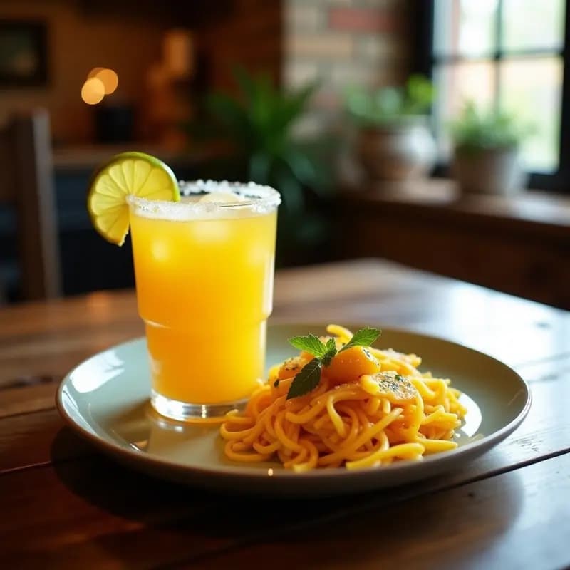 Copa de margarita con bordes decorados en dos tonos: mitad sal blanca y mitad Tajín rojo. Líquido dorado y espumoso en el interior, con trozos de mango flotando. Fondo con rodajas de limón y polvillo de Tajín espolvoreado sobre la mesa de madera. Coctel mexicano de mango y chile con bordes de sal y Tajín.