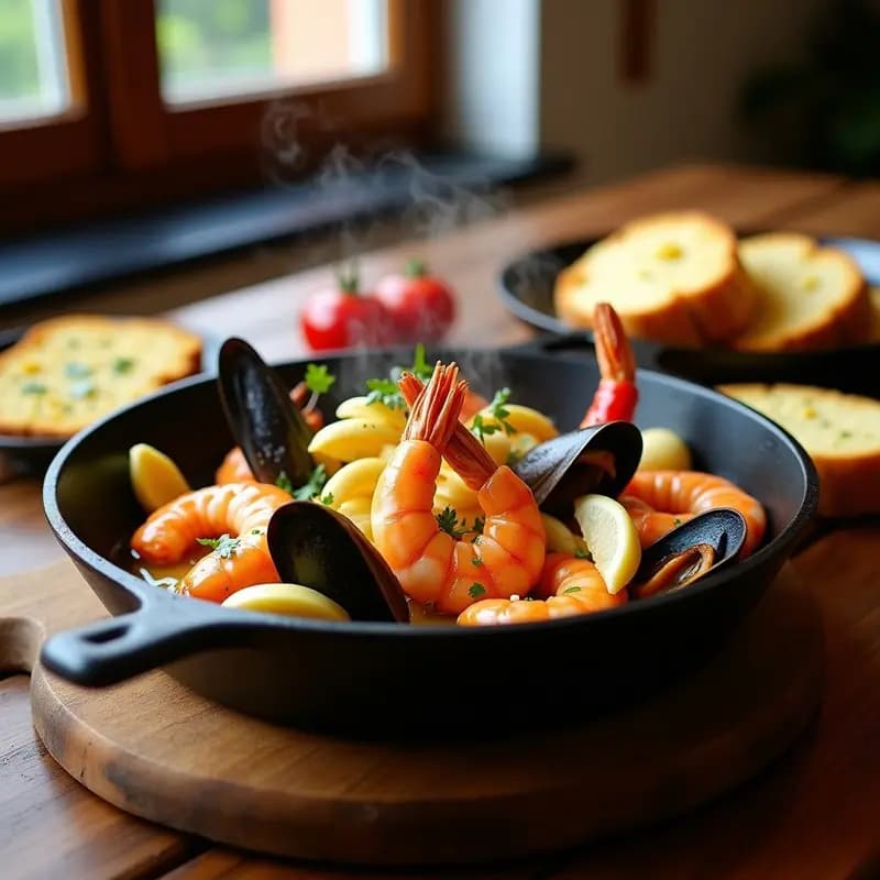 Sartén de hierro con mariscos al ajillo humeantes, gambas, mejillones y calamares bañados en aceite de oliva dorado con ajos y guindilla, acompañados de pan de ajo tostado y crujiente sobre una mesa de madera rústica. Receta tradicional española de tapa.