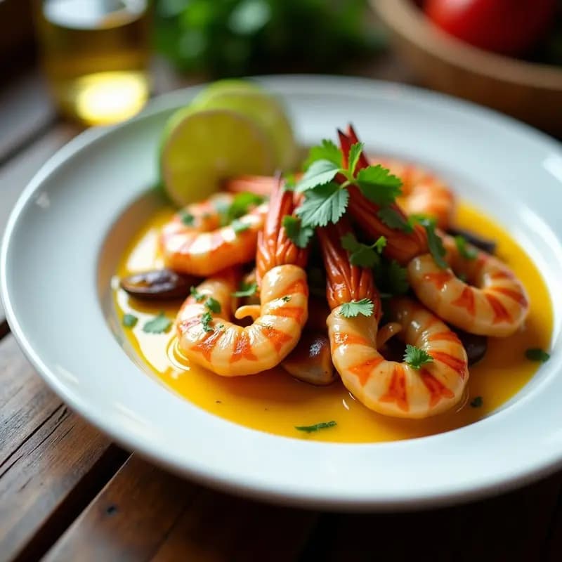 Plato de mariscos a la plancha con ají amarillo: langostinos, calamares y mejillones dorados, bañados en una salsa amarilla aromática, decorados con cilantro fresco y servidos sobre una base rústica de madera.