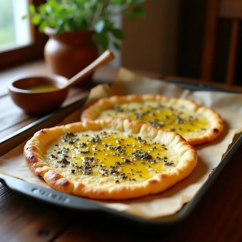 Markook recién hecho, pan árabe ultra-fino y dorado, espolvoreado con zaatar y semillas de sésamo, bañado en aceite de oliva virgen extra, servido en una bandeja de madera rústica.