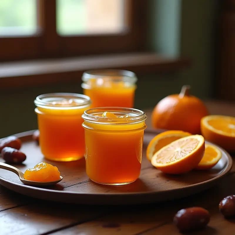 Tarros de vidrio transparentes llenos de marmalada de naranja amarga casera sin azúcar, con textura gelificada y color ámbar. Sobre una mesa de madera rústica con rodajas de naranja amarga y una cuchara de madera. Receta tradicional española.