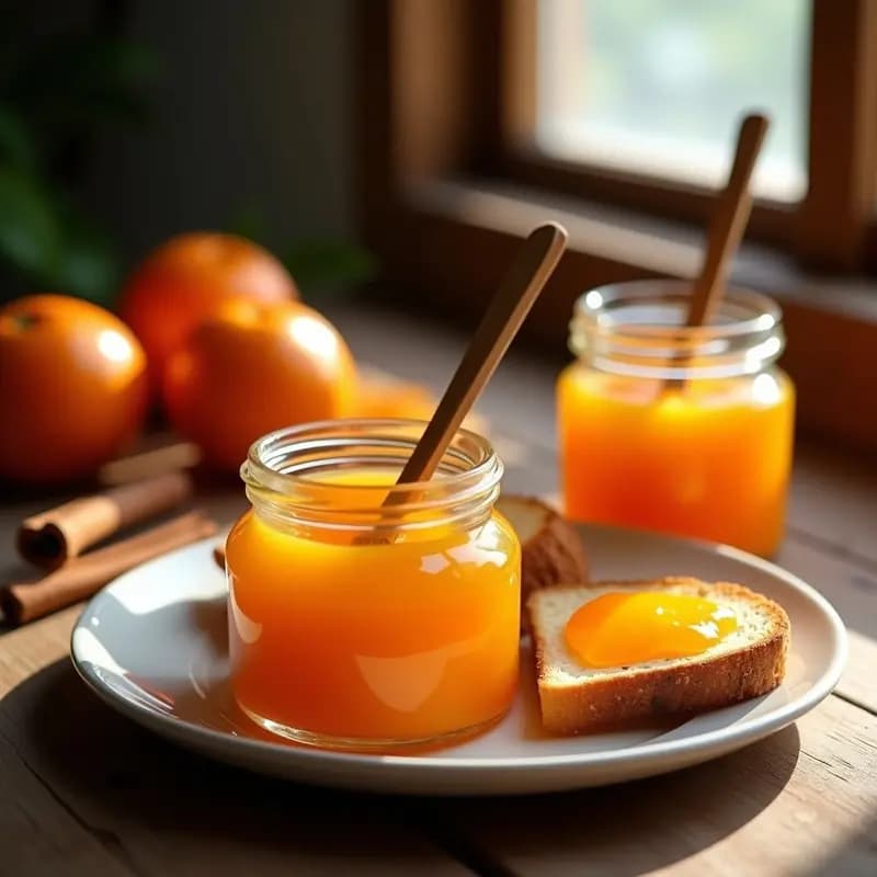 Tarros de cristal con marmalada de naranja amarga brillante, cáscaras transparentes y color ámbar, acompañados de una tostada de pan con una capa generosa. Desayuno tradicional español casero.