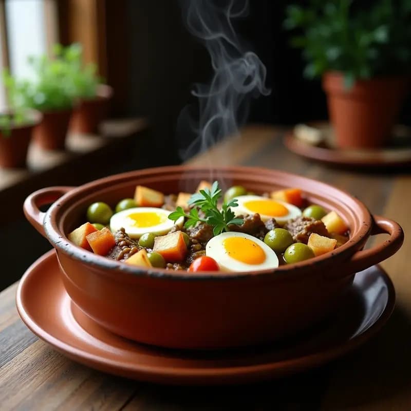 Olla de barro humeante con marmita de bonito desmenuzado, jitomas verdes en gajos, patatas y huevos escalfados. Plato tradicional vasco servido con perejil fresco espolvoreado.