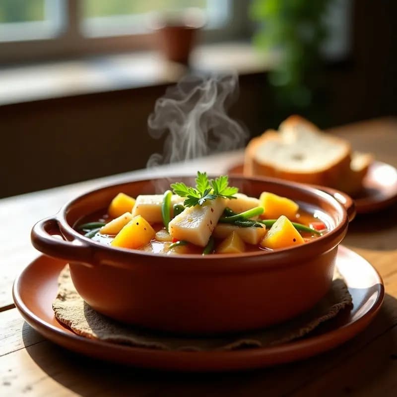 Cazuela de barro humeante con marmita de bonito, patatas en trozos y pimientos verdes, decorada con perejil fresco, receta costera vasca tradicional.