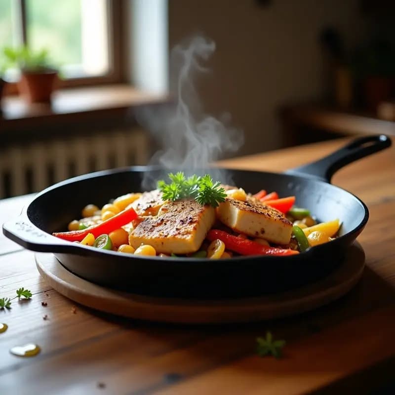 Sartén de hierro con marmita de bonito desmenuzado, pimientos asados rojos y verdes, patatas en cubos y perejil fresco. Plato tradicional vasco humeante, servido con pan rústico al lado.
