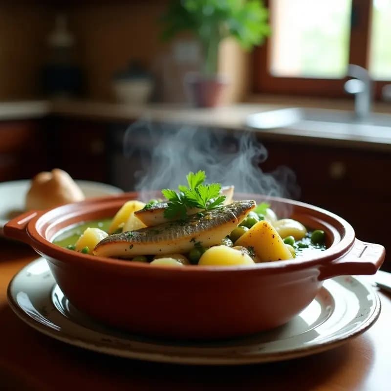 Cazuela de barro humeante con marmita de bonito cantabra, trozos de pescado blanco en salsa verde espesa con patatas, almejas y perejil fresco, servida sobre mesa rústica de madera.