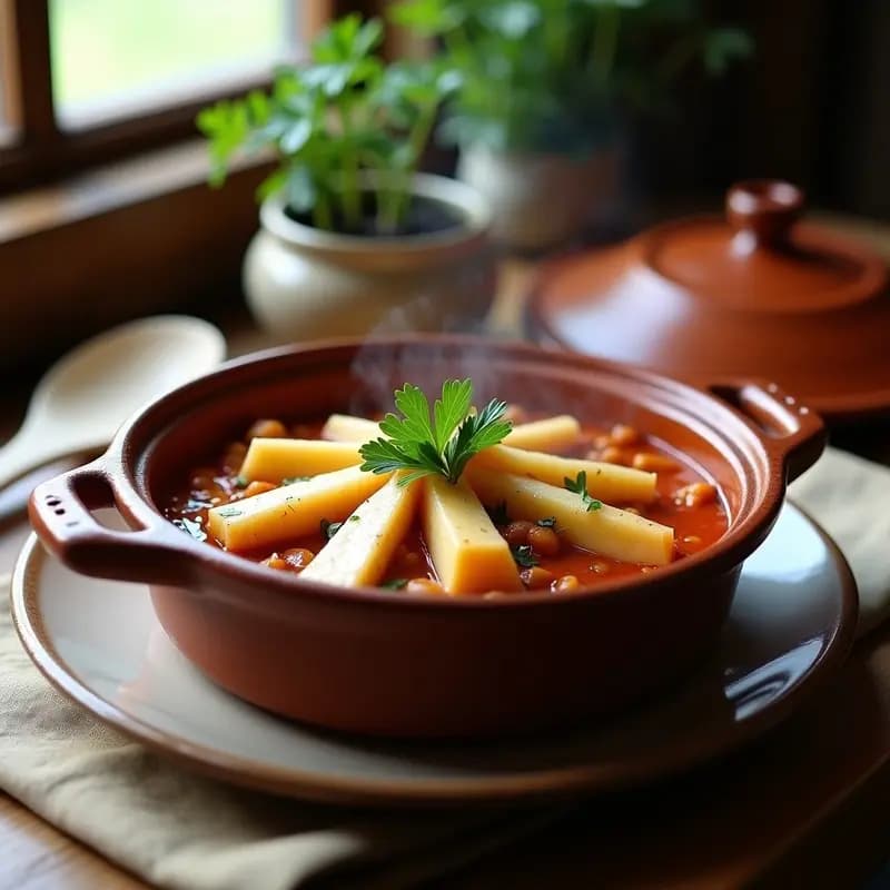 Olla de barro con marmita de congrio con ñoras, rodajas de patata y salsa espesa de color rojizo, decorada con perejil fresco. Plato tradicional vasco servido en un ambiente rústico.