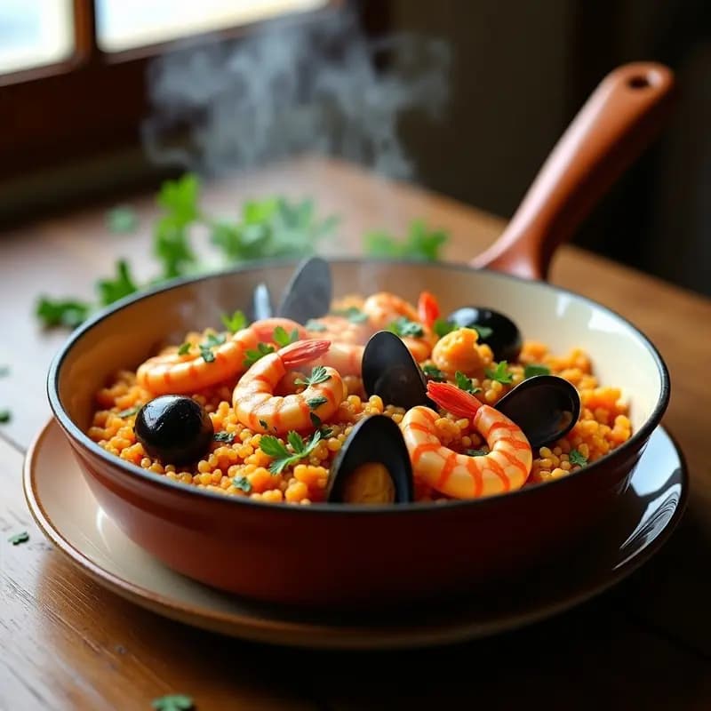 Olla rápida abierta mostrando una marmita de marisco con arroz humeante, con mejillones, gambas y calamares sobre un fondo de arroz dorado, decorada con perejil fresco y acompañada de una cuchara de madera.