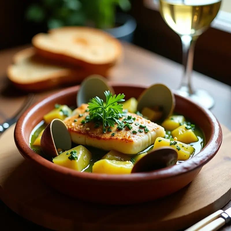 Cazuela de barro humeante con marmitas de bonito en salsa verde, patatas tiernas, almejas abiertas y perejil fresco espolvoreado, servidas como tapa tradicional española.