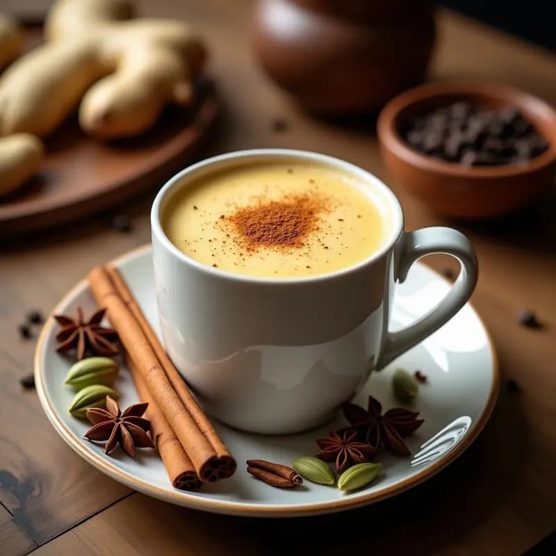 Taza de cerámica blanca humeante con Masala Chai Latte Proteico, espuma dorada y especias flotando: ramita de canela, vainas de cardamomo y clavo de olor. Fondo desenfocado con hojas de menta y semillas de cáñamo espolvoreadas.