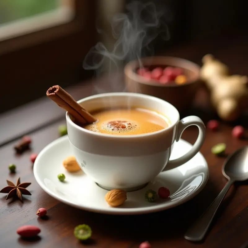 Taza de cerámica blanca con té de masala chai humeante, leche de almendras cremosa y especias flotantes como cardamomo y canela, sobre una mesa de madera rústica con un paño de lino beige y hojas de hierba luisa fresca.