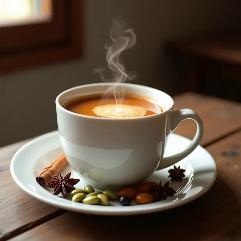 Taza de porcelana blanca con Masala Chai Indiana humeante, especias enteras como cardamomo, clavo y canela esparcidas alrededor sobre una mesa de madera rústica, con luz cálida que resalta el color ámbar de la bebida.