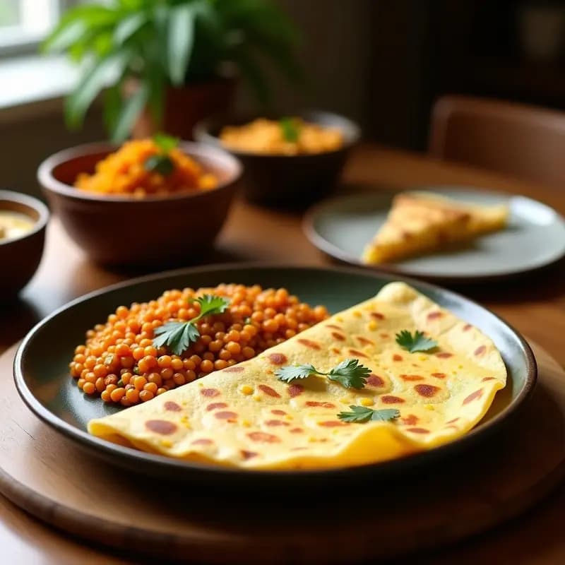 Plato tradicional indio con masala dosa dorada y crujiente doblada, rellena de patatas especiadas, acompañada de chutney de coco cremoso en cuenco pequeño y sambar de lentejas espeso en bowl de barro. Decorado con hojas de cilantro fresco y aceite de coco brillante.