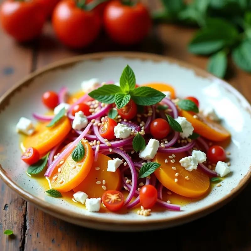 Ensalada gourmet de mashua peruana en rodajas finas, mezclada con queso fresco desmenuzado, cebolla morada, tomate rojo y huacatay fresco. Decorada con semillas de sésamo tostadas y un aderezo brillante de limón y aceite de oliva, servida en un plato blanco rústico sobre una mesa de madera.