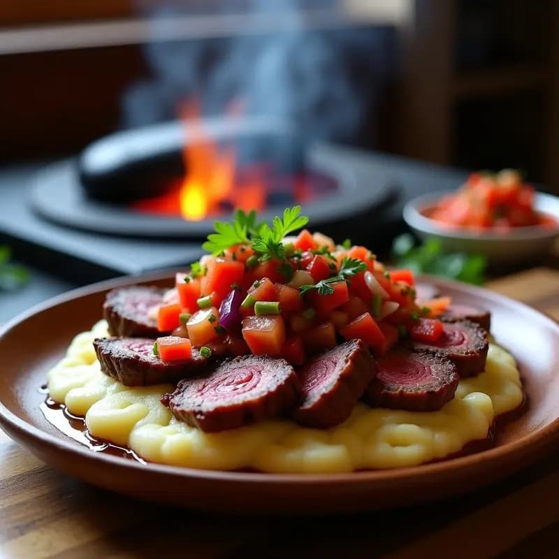 Plato rústico con rodajas gruesas de matambre a la piedra, doradas y jugosas, acompañadas de puré de papa cremoso y salsa criolla fresca con tomate, cebolla y pimiento. Receta tradicional uruguaya en parrilla.