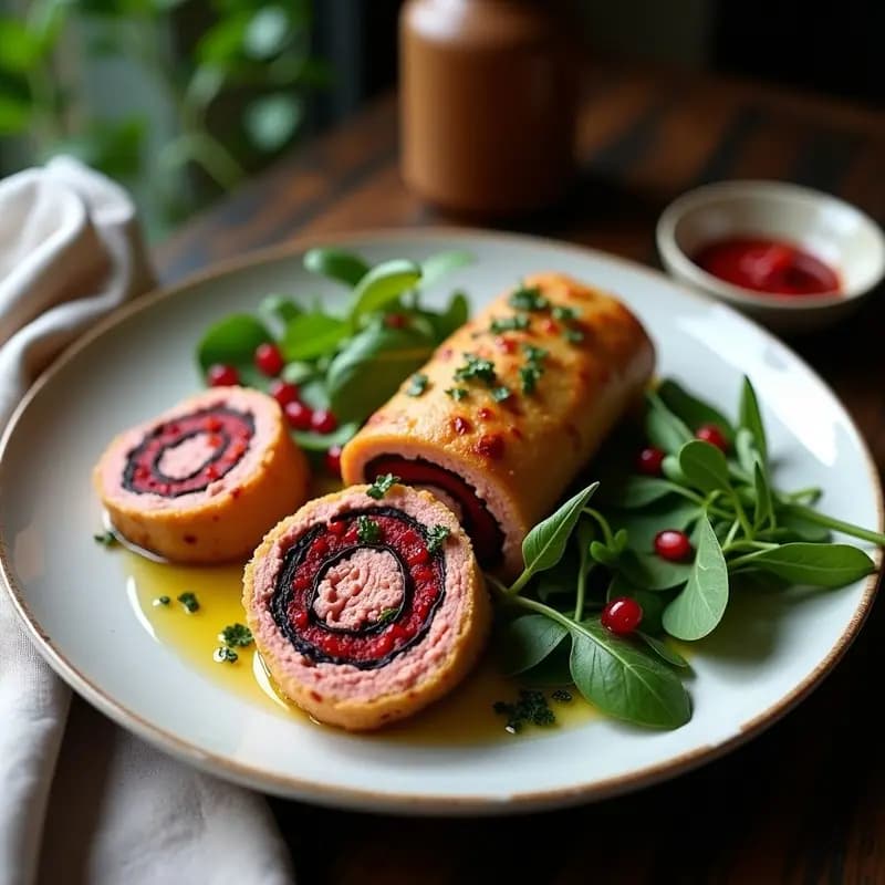 Rodajas gruesas de matambre de seitán relleno con capas de hummus rosado de remolacha, berenjena asada, pimiento rojo y espinacas, dorado al horno y servido en plato blanco rústico con decoración de rúcula y granada.