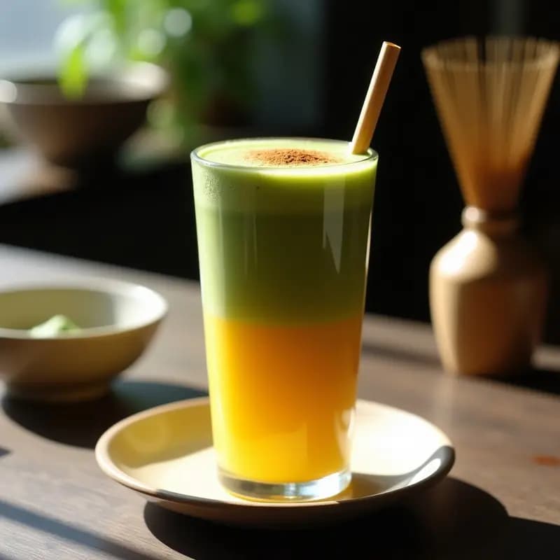 Vaso alto transparente con Matcha Latte Japonés en capas: base dorada de leche de almendras con cúrcuma y pimienta negra, coronado por una espuma verde vibrante de matcha. Decorado con un polvillo de matcha y una pajita de bambú sobre fondo de madera oscura, iluminación natural suave.