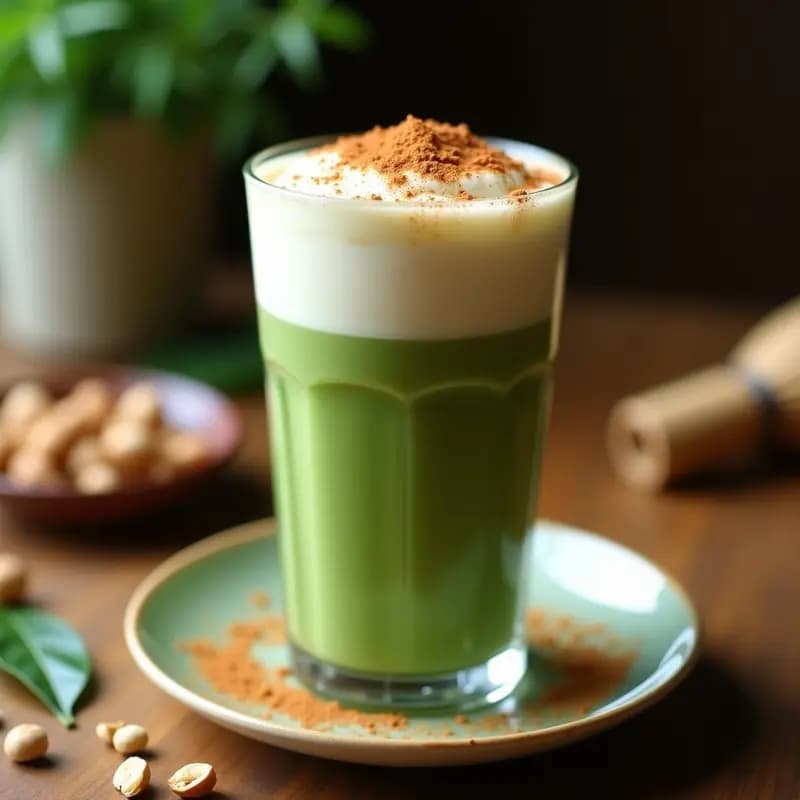 Vaso transparente alto con Matcha Latte en capas: base verde esmeralda de matcha y espuma cremosa de leche de avellanas, decorado con canela y un toque de vainilla. Fondos borrosos de hojas de té y avellanas tostadas.