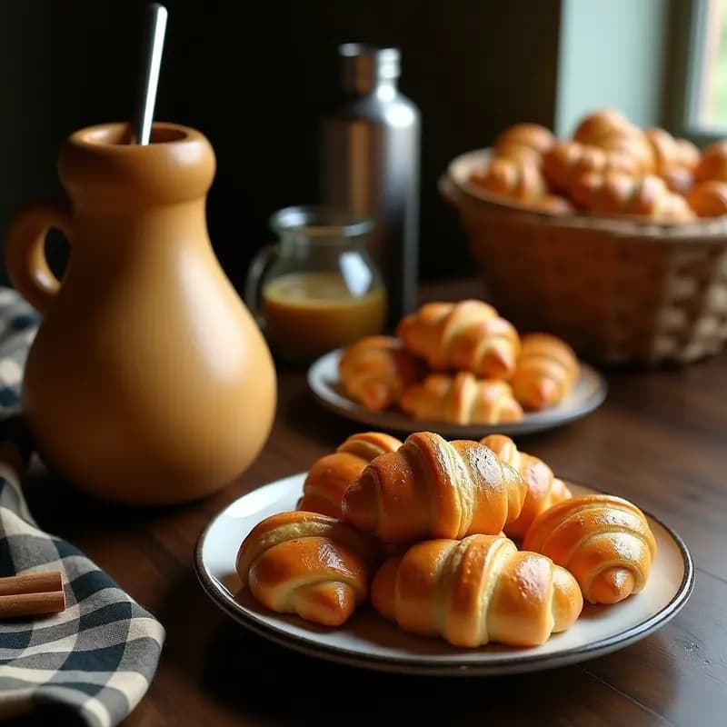 Mate argentino tradicional servido en calabaza con bombilla de plata, acompañado de medialunas doradas y esponjosas rellenas de dulce de leche, sobre una mesa rústica de madera con mantel de cuadros rojos y blancos.