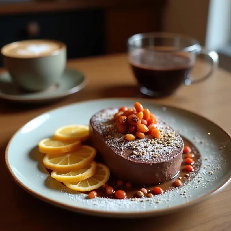 Taza de cerámica negra con mate chocado con cacao y especias, espolvoreado con semillas de sacha inchi y una rama de canela al lado. Bebida peruana energética y relajante servida humeante sobre una mesa de madera rústica.