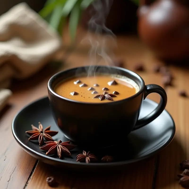 Taza de cerámica oscura humeante con mate cocido dorado, trozos de clavo de olor y semillas de anís estrellado flotando, fondo de mantel tejido andino y hojas de yerba mate secas.
