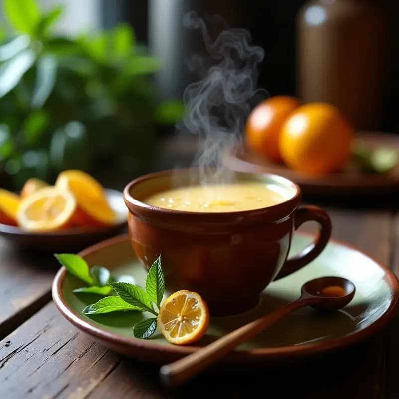 Taza de cerámica rústica con mate cocido humeante, de color ámbar oscuro, rodeada de hierbas frescas como peperina y cedrón, una cucharita de miel de eucalipto y especias como clavo de olor y canela. Fondo de madera oscura con detalles de textura natural y luz cálida que resalta los aromas de la bebida tradicional argentina.