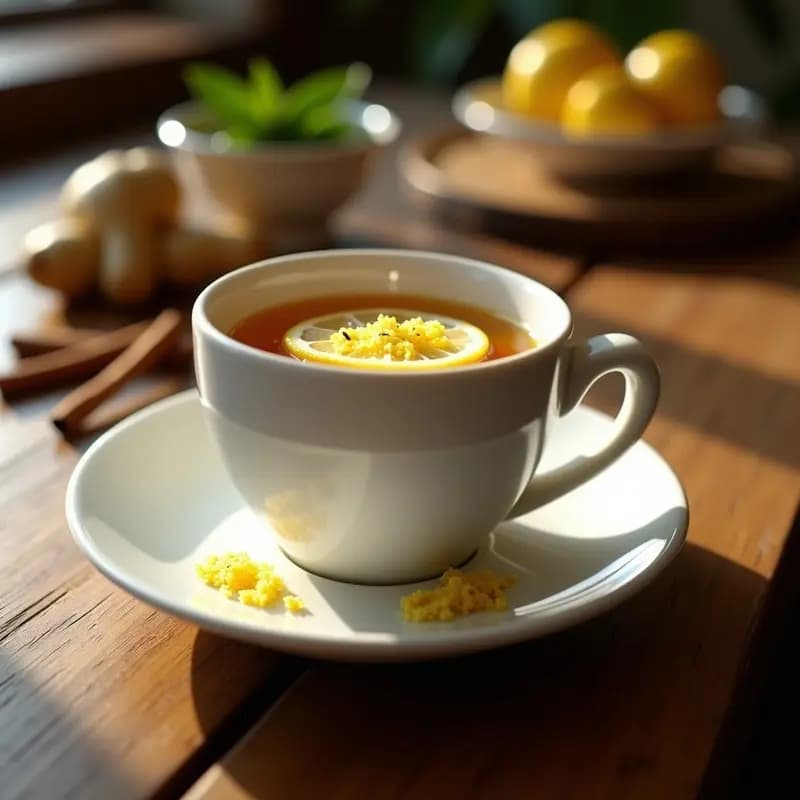 Taza de cerámica blanca humeante con mate cocido dorado, rodajas de limón amarillo y virutas de jengibre fresco, sobre mesa de madera rústica con yerba mate y rama de canela al fondo.