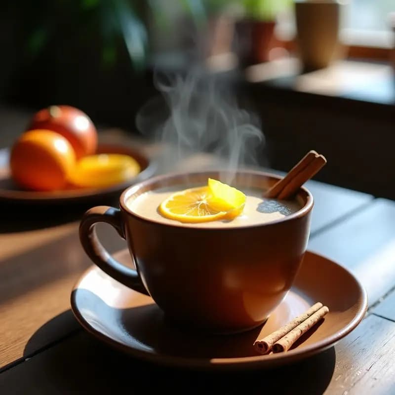 Taza de cerámica rústica con mate cocido argentino humeante, leche espumosa y miel dorada, decorada con una rama de canela y rodaja de naranja sobre una mesa de madera oscura.
