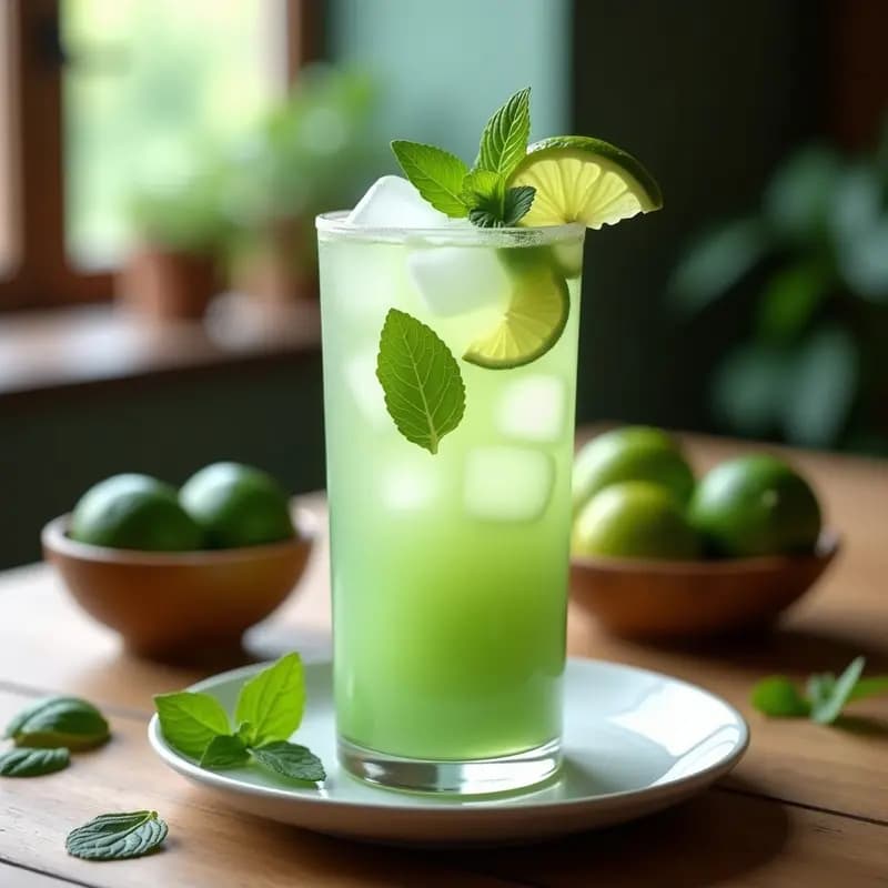 Vaso alto transparente con mate helado argentino, lleno de hielo picado, rodajas de lima flotando y hojas de menta fresca. Fondo borroso con limones y yerba mate al lado.
