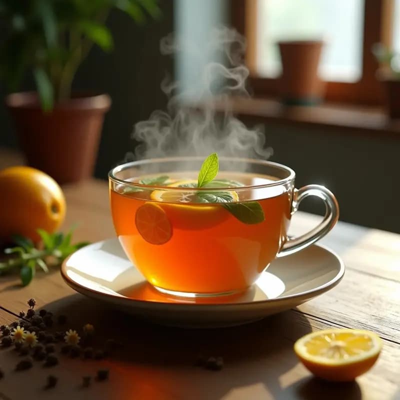 Taza de cerámica humeante con infusión dorada de Mate Kokotoa, hierbas flotantes, cáscara de naranja y rodaja de limón, sobre mesa de madera rústica con fondo de hierbas secas y luz cálida.