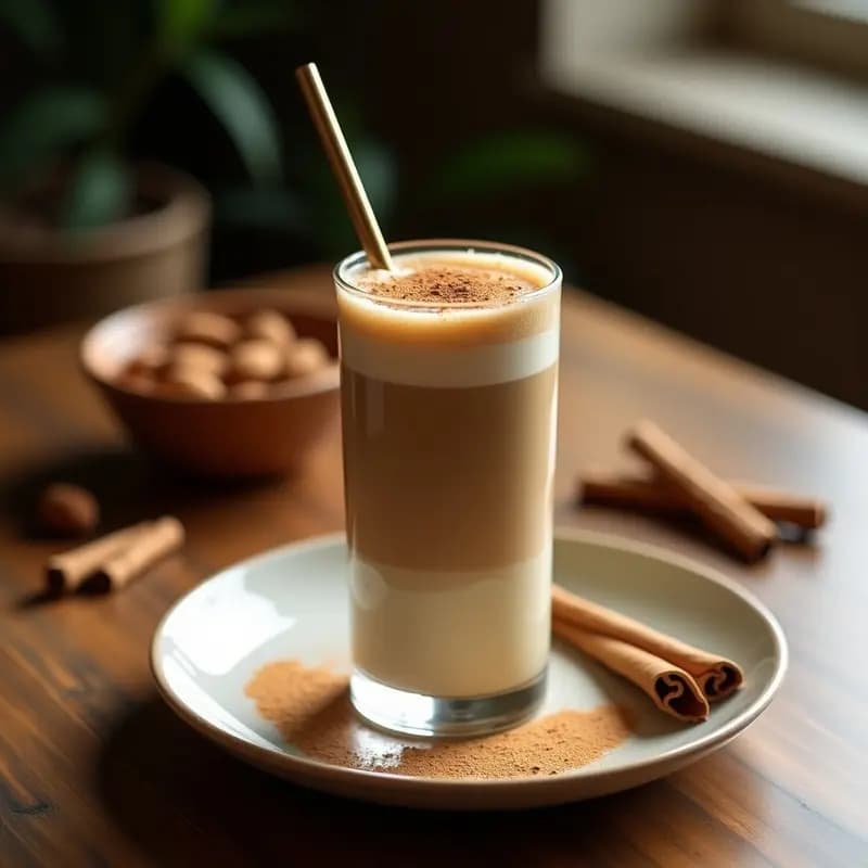 Vaso alto transparente con mate latte espumoso de leche de almendras y canela, decorado con una pizca de canela en polvo en la superficie y una pajita de metal. Fondo rústico con yerba mate y ramitas de canela al lado.