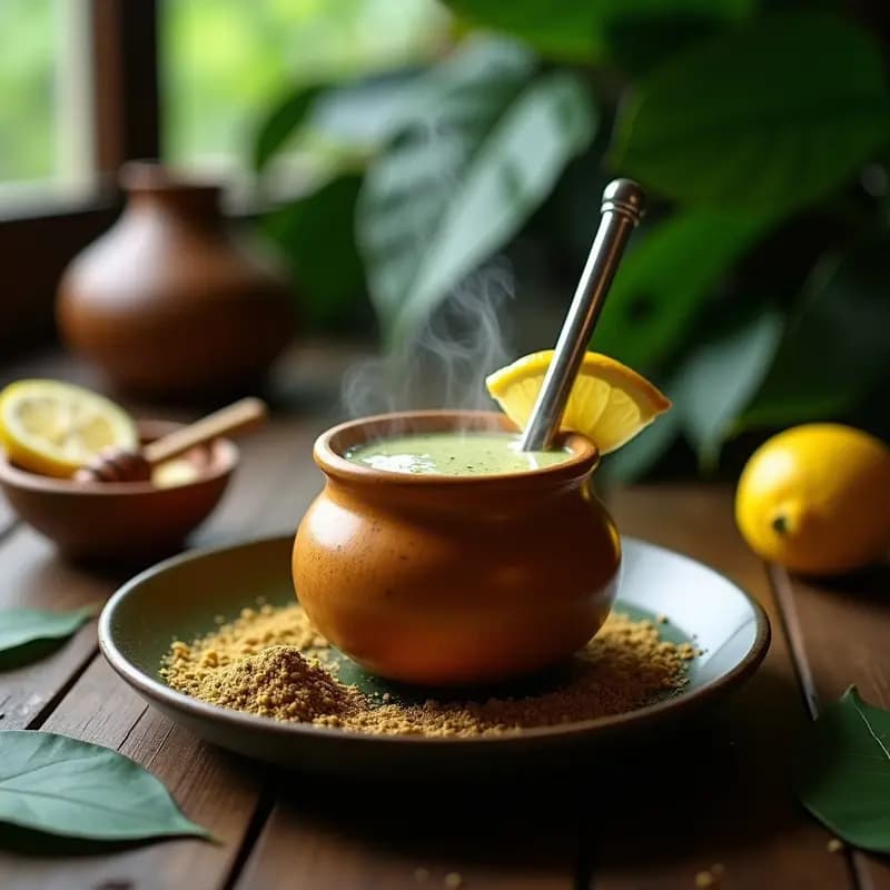 Mate tradicional de calabaza con bombilla, lleno de yerba mate e hierbas amazónicas como cedrón y peperina, al lado una rodaja de limón y miel. Bebida energizante argentina en un entorno rústico con fondo de selva misionera.