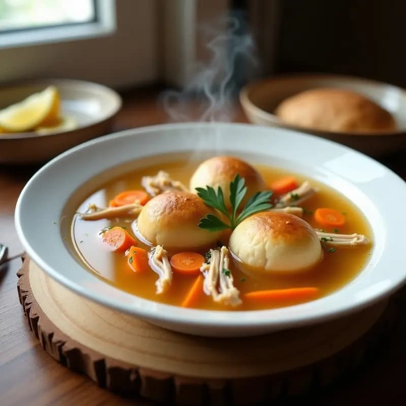 Plato hondo de cerámica blanca con Matzo Ball Sopa Judía: caldo dorado transparente con zanahorias en rodajas, trozos de pollo desmenuzado y albóndigas de matzo esponjosas, decorado con perejil fresco. Ideal para días fríos.