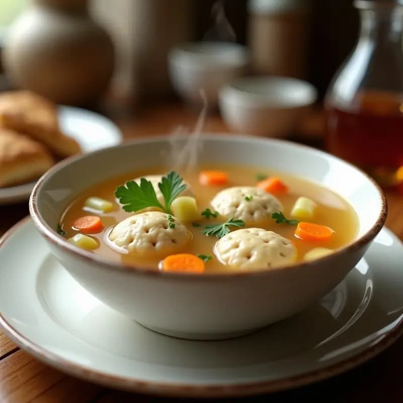 Plato hondo de cerámica blanca con Matzo Ball Soup tradicional: caldo dorado y claro con albóndigas esponjosas de matzah, trozos de pollo, zanahoria, apio y perejil fresco espolvoreado.