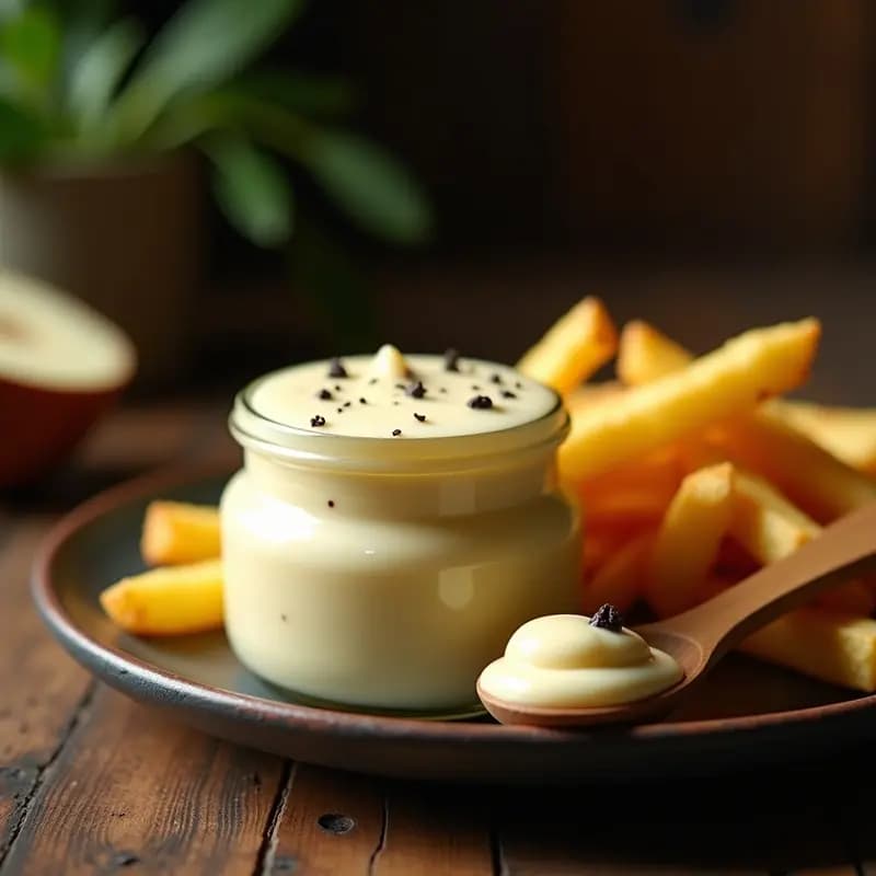 Mayonesa vegana de aquafaba y ajo negro en un tarro de cristal transparente, con textura cremosa y brillante, acompañada de patatas fritas crujientes y una cuchara de madera. Receta rápida sin huevo.