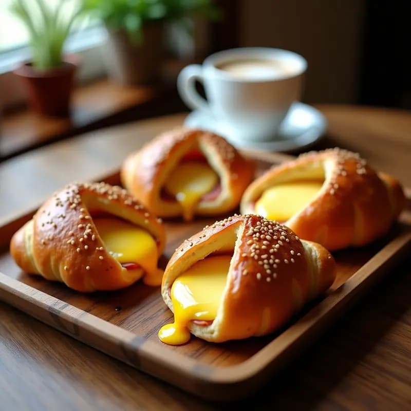 Medialunas argentinas doradas y esponjosas de masa de hojaldre vigilante rellenas de queso tybo derretido y jamón cocido, espolvoreadas con semillas de sésamo negro, servidas en una bandeja de madera rústica con fondo de desayuno.