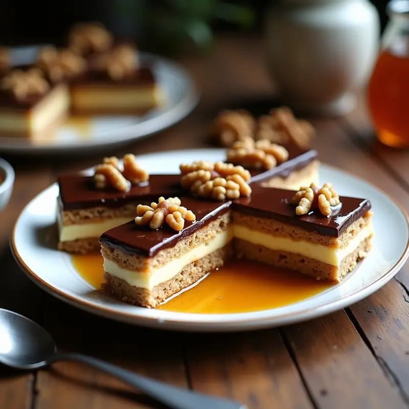 Medovik de miel y nueces sin horno: postre ruso en capas con base de galleta de avena, crema de queso vegetal, nueces tostadas y topping de cacao y miel, servido en porciones triangulares sobre plato blanco.
