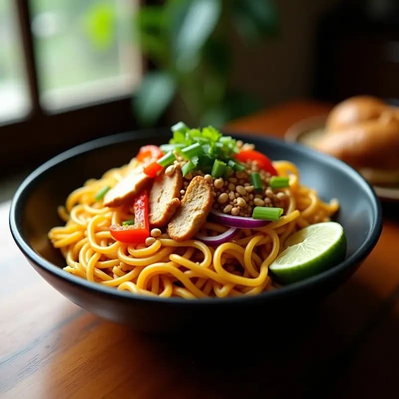 Plato hondo de cerámica negra con Mee Goreng Indonesia: fideos amarillos salteados con tiras de pollo dorado, verduras coloridas, cacahuetes triturados y cebollino fresco, decorado con gajos de limón.