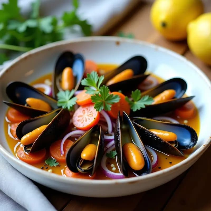 Fuente blanca de cerámica con mejillones en escabeche con ajo y perejil, bañados en aceite de oliva y vinagre, acompañados de rodajas de zanahoria, cebolla morada y hojas de perejil fresco. Tapa fría tradicional de la costa española.