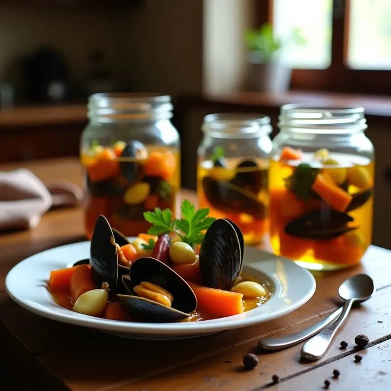 Tarros de cristal transparentes llenos de mejillones en escabeche, bañados en un caldo dorado con ajo, rodajas de zanahoria, cebolla morada y pimentón, sobre una mesa rústica de madera con un fondo de cocina tradicional española.
