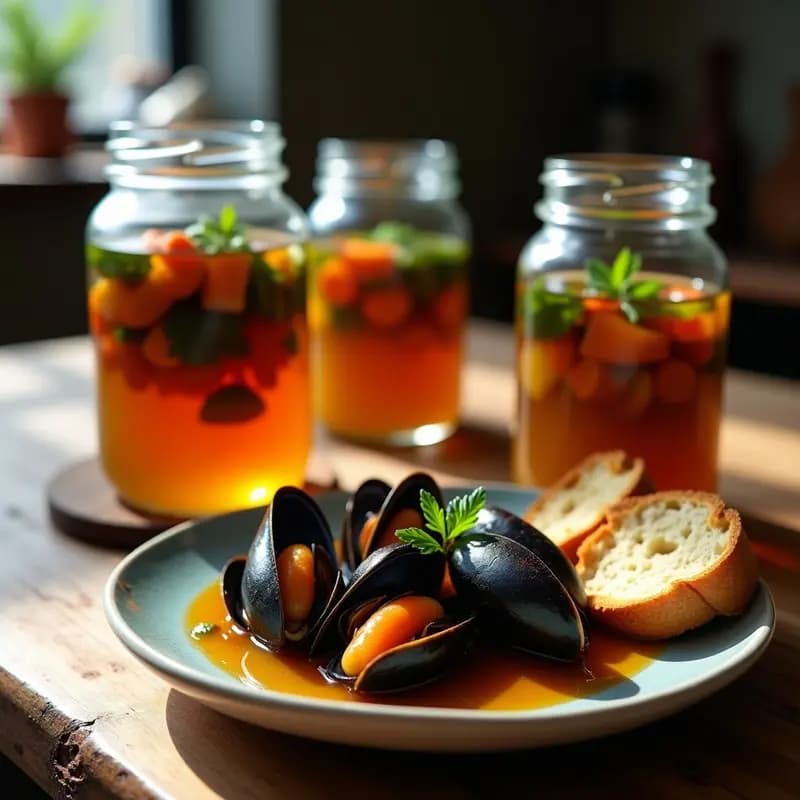 Tarros de cristal transparentes llenos de mejillones en escabeche con zanahoria en rodajas, hojas de laurel y un líquido dorado de vinagre y aceite de oliva. Plato de tapas con mejillones servidos sobre una tabla de madera rústica, acompañados de pan tostado y hierbas frescas.