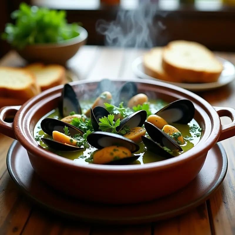 Cazuela de barro humeante con mejillones y almejas en salsa verde, perejil fresco espolvoreado y rodajas de pan tostado al lado, receta gallega tradicional.