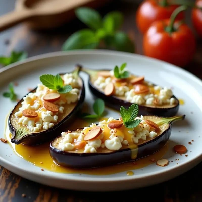 Plato ovalado de cerámica blanca con Melas Zalivi griego: rodajas doradas de berenjena asada cubiertas con cubos de queso feta, glaseado brillante de miel y canela, almendras tostadas y hojas de menta fresca. Fondo borroso con textura de madera rústica.