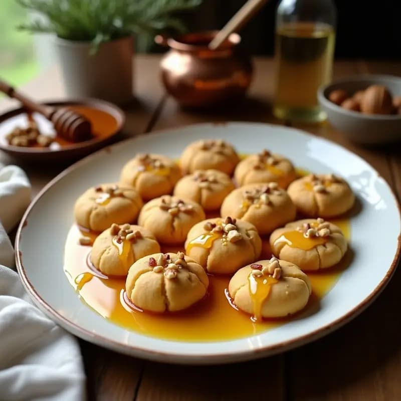 Bandeja de madera con melomakarona de semolina veganos, bañados en miel dorada y cubiertos con nueces picadas, sobre un mantel rústico con especias y naranjas al fondo.