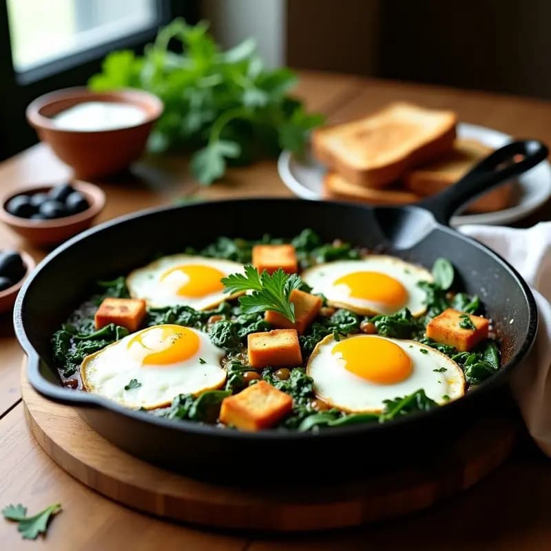 Sartén de hierro con menemen turco: huevos cuajados mezclados con espinacas verdes, cubos dorados de queso halloumi y perejil fresco, sobre fondo rústico de madera.