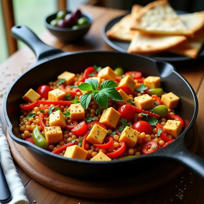 Plato hondo de barro con menemen vegano turco: tofu revuelto dorado mezclado con pimientos rojos y verdes asados, tomates y especias, decorado con perejil fresco y semillas de sésamo tostadas.