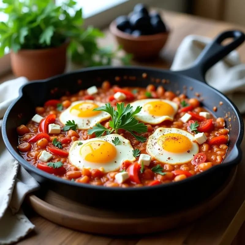 Sartén antiadherente con Menemen turco de tomates y pimientos, huevos cremosos revueltos con trozos de queso feta y perejil fresco, servido en desayuno tradicional.