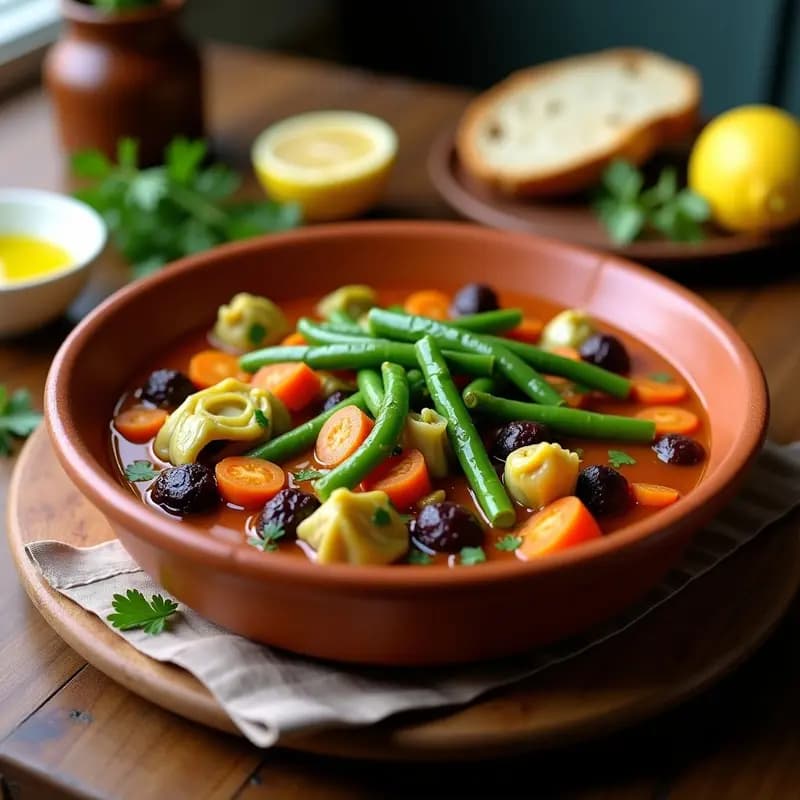 Cazuela de barro con menestra de verduras con alcachofas y habas, guiso de primavera sin carnes, decorado con perejil fresco y un chorrito de aceite de oliva.