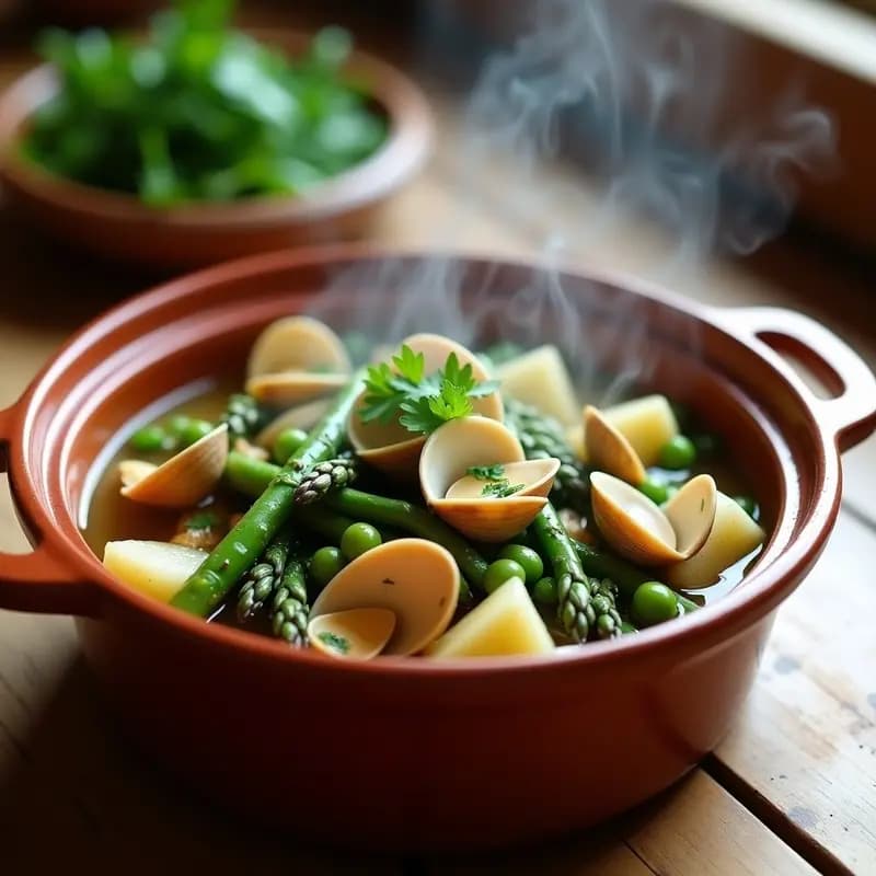 Cazuela de barro humeante con menestra de verduras de primavera y almejas abiertas, espolvoreada con perejil fresco, sobre fondo rústico de madera.