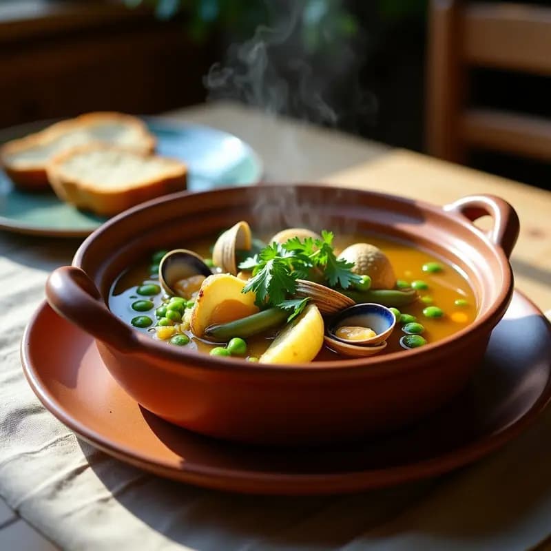 Cazuela de barro humeante con menestra de verduras con almejas, alcachofas, habas y guisantes en un caldo dorado, decorada con perejil fresco y acompañada de pan rústico.
